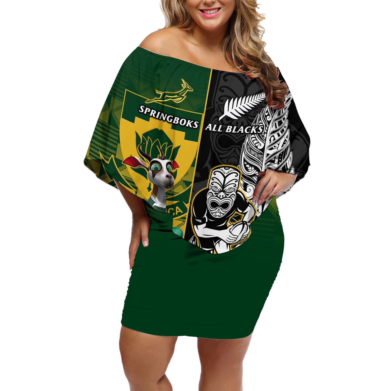 Custom South Africa And Aotearoa Rugby Off Shoulder Short Dress 2023 Springboks Kente Combine All Black Maori Fern LT14 Women Green - Polynesian Pride