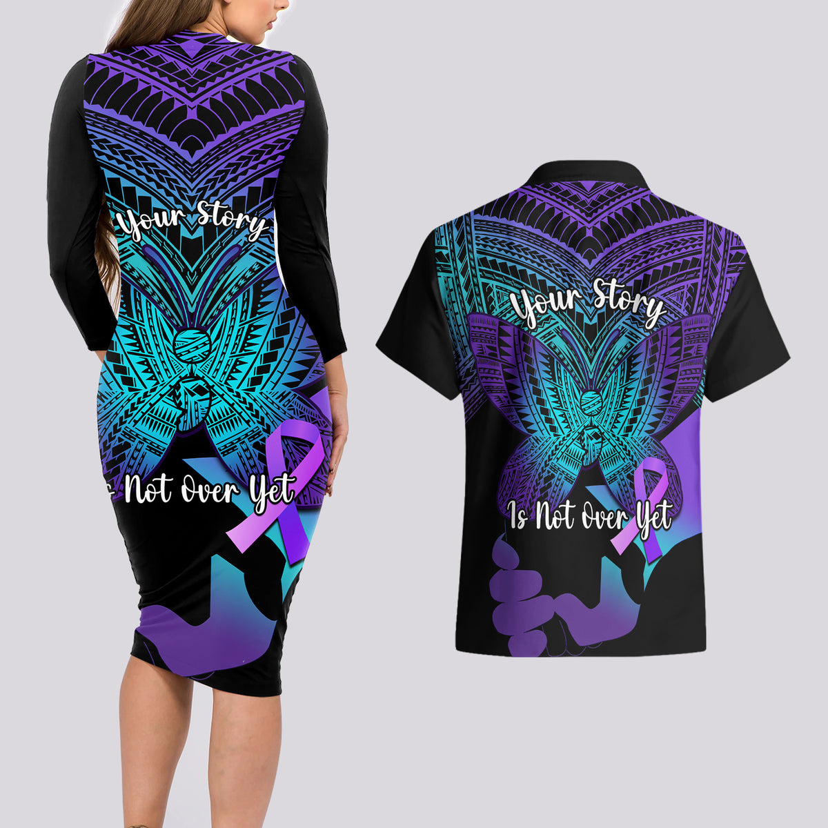 Suicide Awareness Your Story Is Not Over Yet Couples Matching Long Sleeve Bodycon Dress and Hawaiian Shirt Polynesian Butterfly Tattoo LT14 - Polynesian Pride