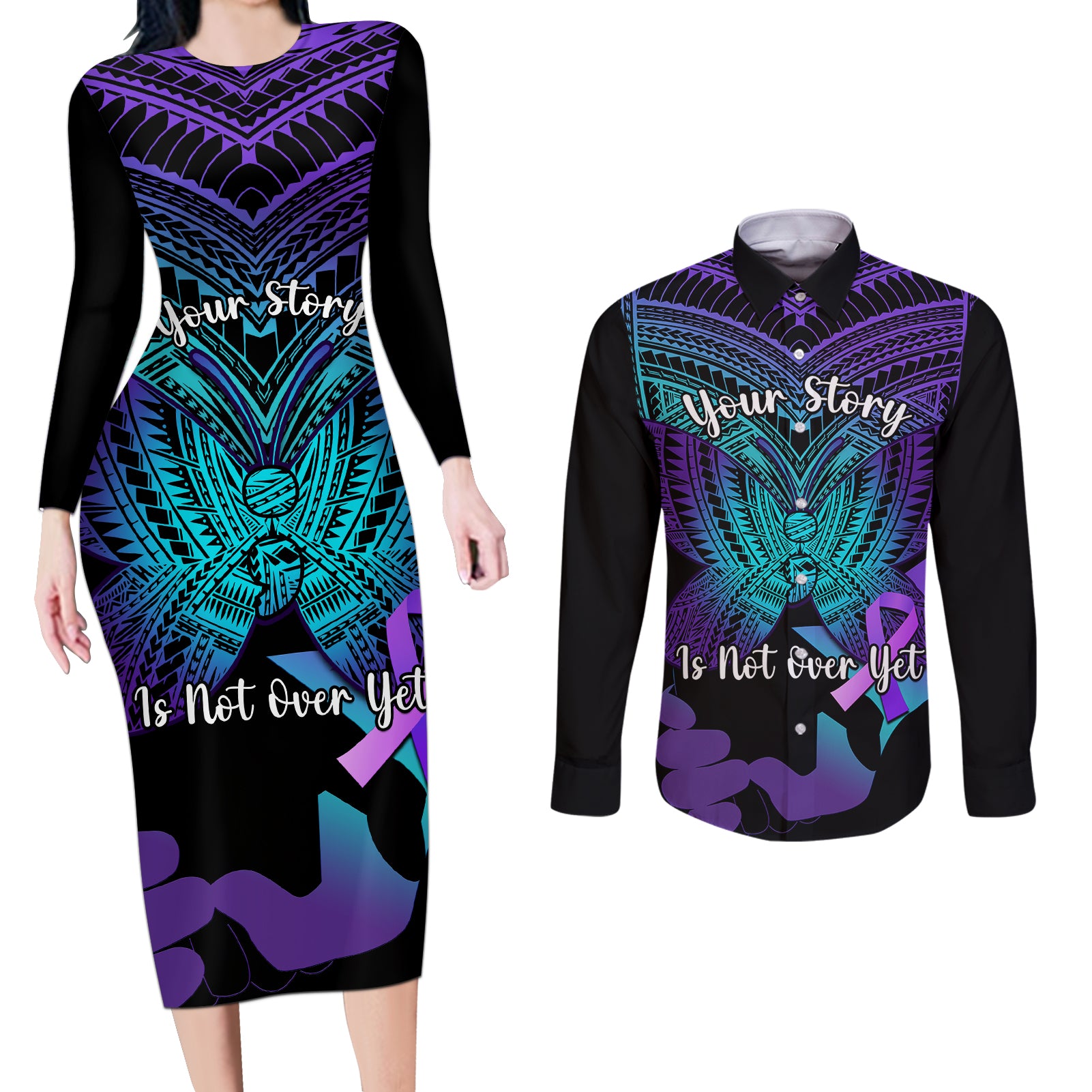 Suicide Awareness Your Story Is Not Over Yet Couples Matching Long Sleeve Bodycon Dress and Long Sleeve Button Shirts Polynesian Butterfly Tattoo LT14 Purple - Polynesian Pride