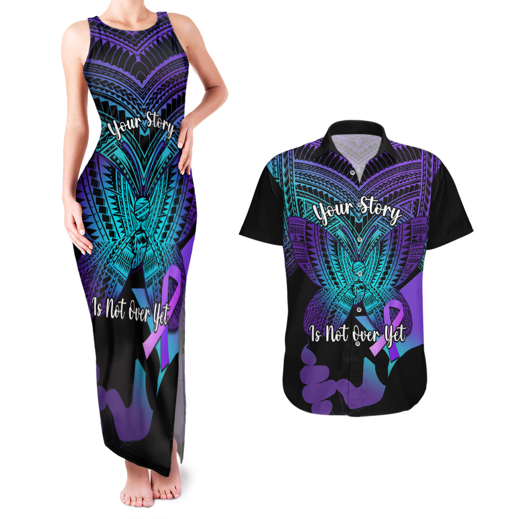 Suicide Awareness Your Story Is Not Over Yet Couples Matching Tank Maxi Dress and Hawaiian Shirt Polynesian Butterfly Tattoo LT14 Purple - Polynesian Pride