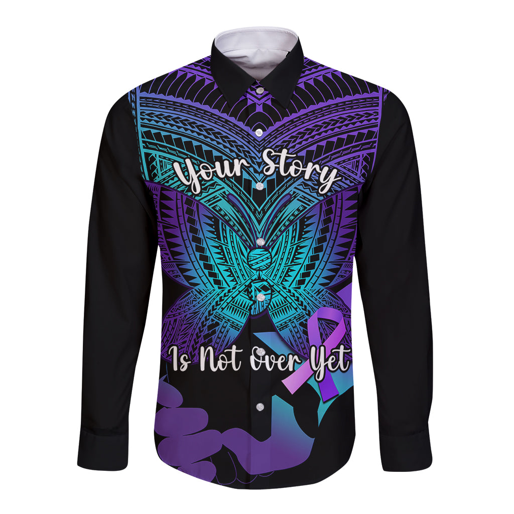 Suicide Awareness Your Story Is Not Over Yet Long Sleeve Button Shirt Polynesian Butterfly Tattoo LT14 Unisex Purple - Polynesian Pride