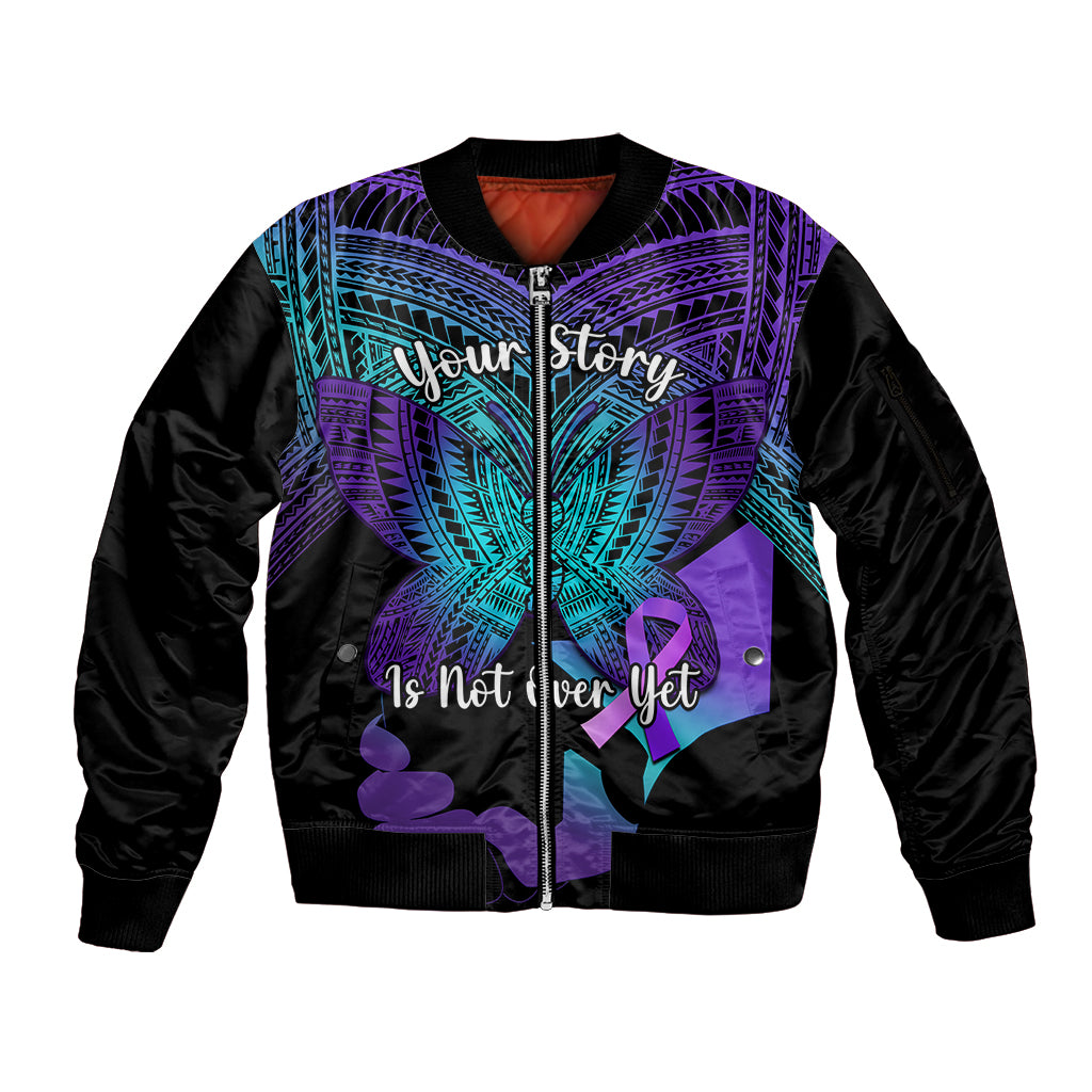 Suicide Awareness Your Story Is Not Over Yet Sleeve Zip Bomber Jacket Polynesian Butterfly Tattoo LT14 Unisex Purple - Polynesian Pride