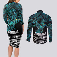 New Zealand Sulphur-crested Cockatoo Couples Matching Long Sleeve Bodycon Dress and Long Sleeve Button Shirt Aotearoa Maori Mix Paua Shell LT14 - Polynesian Pride