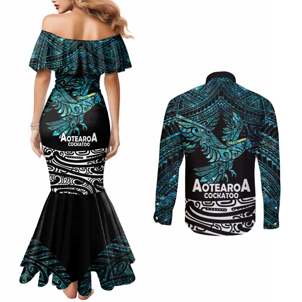 New Zealand Sulphur-crested Cockatoo Couples Matching Mermaid Dress and Long Sleeve Button Shirt Aotearoa Maori Mix Paua Shell LT14 - Polynesian Pride