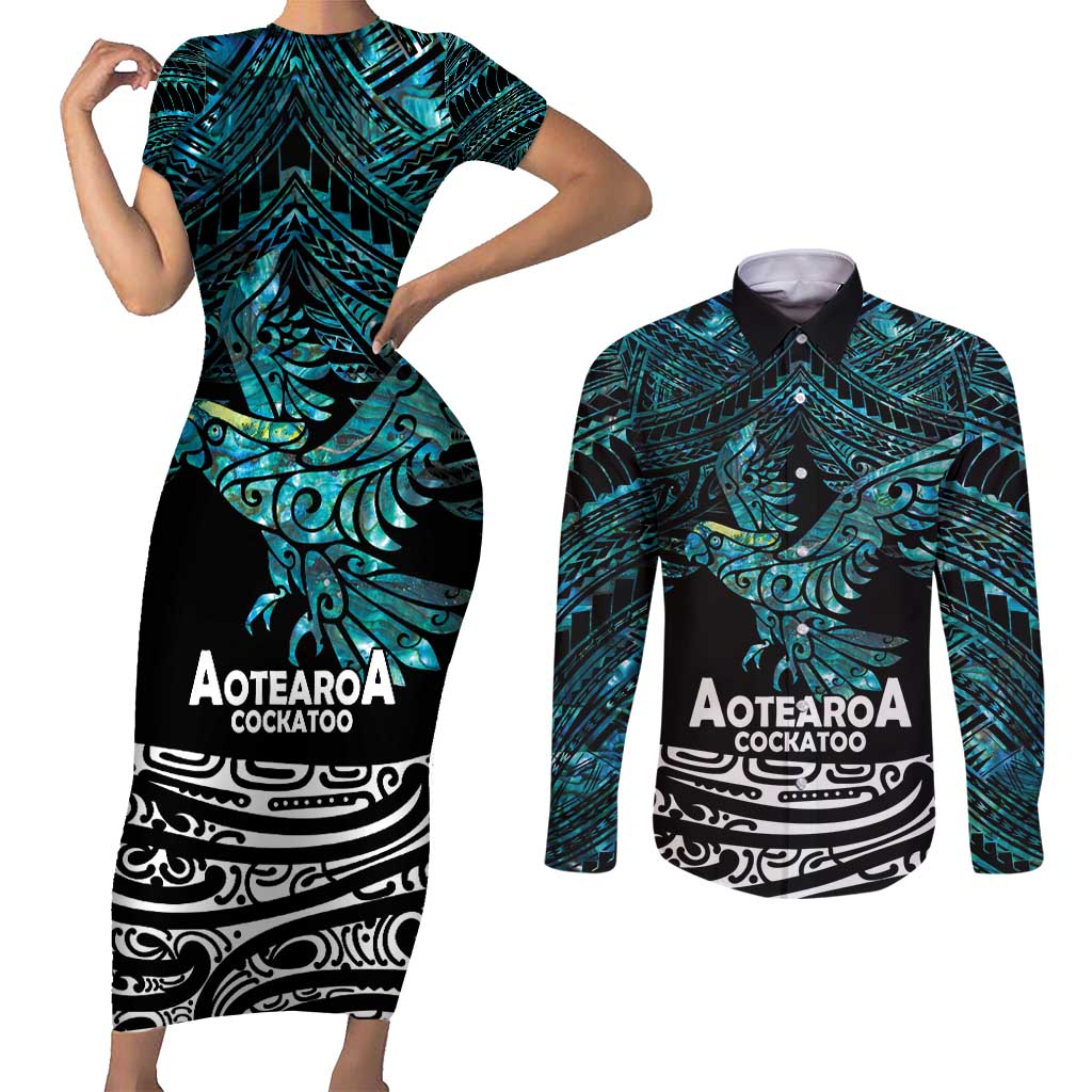 New Zealand Sulphur-crested Cockatoo Couples Matching Short Sleeve Bodycon Dress and Long Sleeve Button Shirt Aotearoa Maori Mix Paua Shell LT14 Turquoise - Polynesian Pride