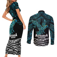 New Zealand Sulphur-crested Cockatoo Couples Matching Short Sleeve Bodycon Dress and Long Sleeve Button Shirt Aotearoa Maori Mix Paua Shell LT14 - Polynesian Pride