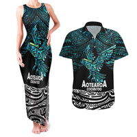 New Zealand Sulphur-crested Cockatoo Couples Matching Tank Maxi Dress and Hawaiian Shirt Aotearoa Maori Mix Paua Shell LT14 Turquoise - Polynesian Pride