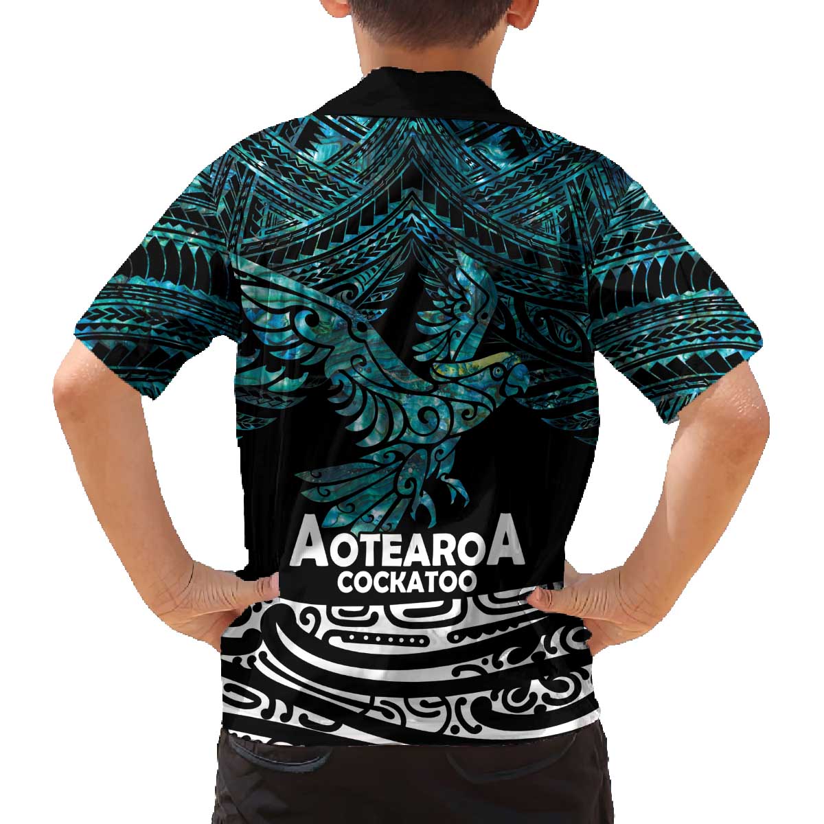 New Zealand Sulphur-crested Cockatoo Family Matching Off Shoulder Short Dress and Hawaiian Shirt Aotearoa Maori Mix Paua Shell