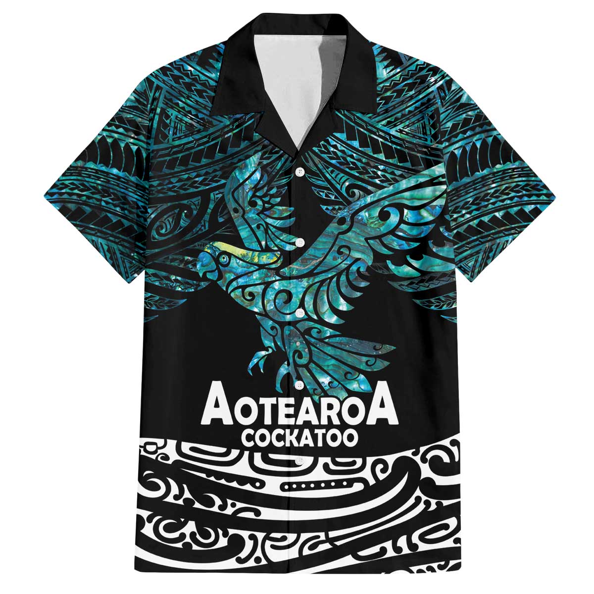 New Zealand Sulphur-crested Cockatoo Family Matching Puletasi and Hawaiian Shirt Aotearoa Maori Mix Paua Shell LT14 Dad's Shirt - Short Sleeve Turquoise - Polynesian Pride