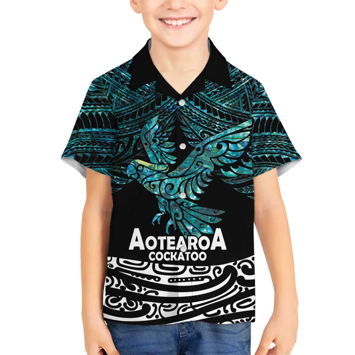New Zealand Sulphur-crested Cockatoo Family Matching Puletasi and Hawaiian Shirt Aotearoa Maori Mix Paua Shell LT14 Son's Shirt Turquoise - Polynesian Pride
