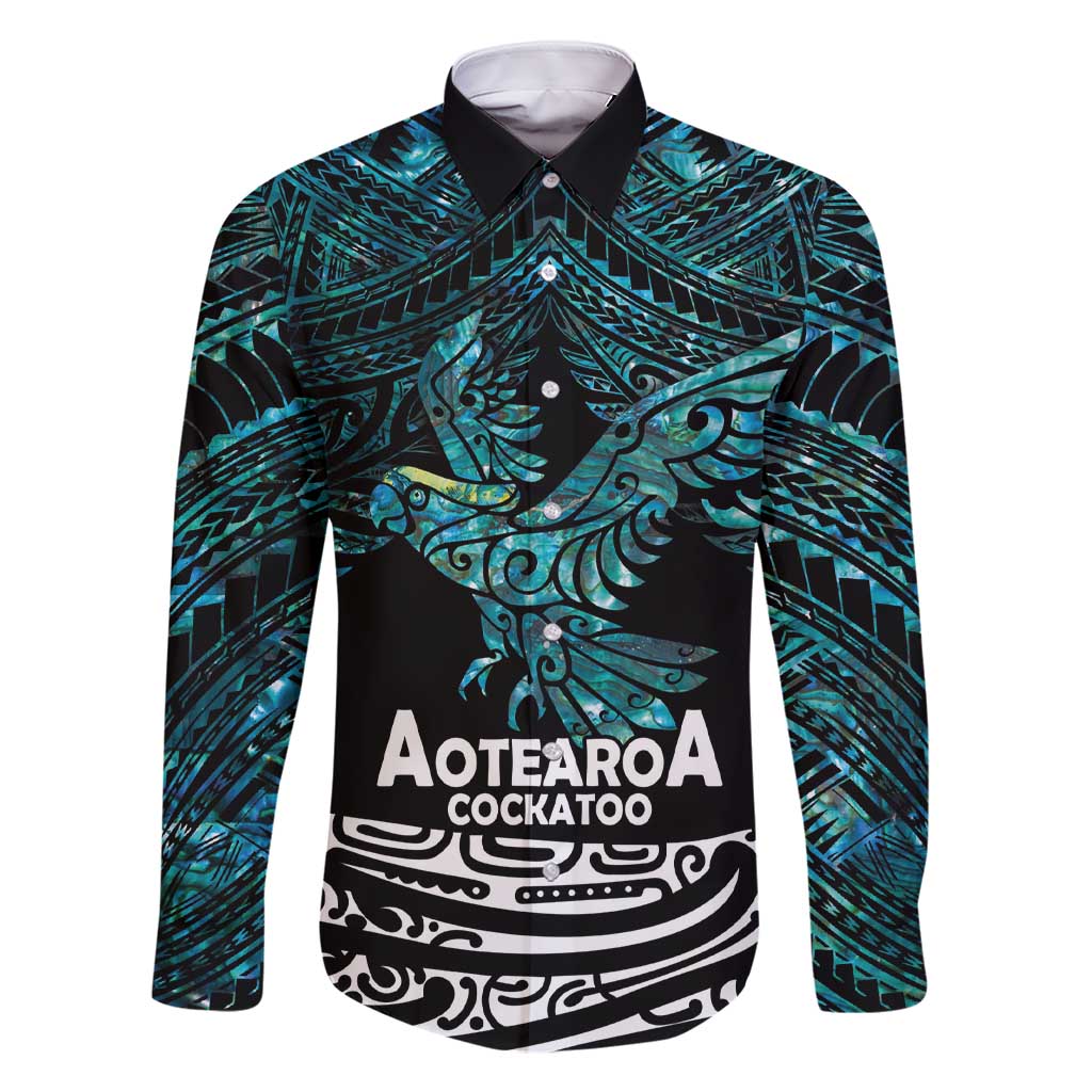 New Zealand Sulphur-crested Cockatoo Family Matching Short Sleeve Bodycon Dress and Hawaiian Shirt Aotearoa Maori Mix Paua Shell LT14 Dad's Shirt - Long Sleeve Turquoise - Polynesian Pride