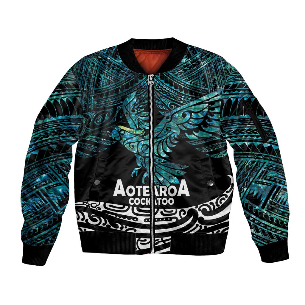 New Zealand Sulphur-crested Cockatoo Sleeve Zip Bomber Jacket Aotearoa Maori Mix Paua Shell