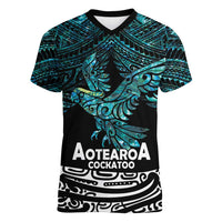 New Zealand Sulphur-crested Cockatoo Women V-Neck T-Shirt Aotearoa Maori Mix Paua Shell LT14 Female Turquoise - Polynesian Pride