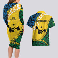 Malampa Province Couples Matching Long Sleeve Bodycon Dress and Hawaiian Shirt Vanuatu Map - Plumeria Flag Color