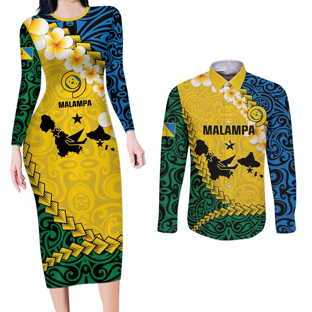 Malampa Province Couples Matching Long Sleeve Bodycon Dress and Long Sleeve Button Shirt Vanuatu Map - Plumeria Flag Color LT14 Yellow - Polynesian Pride