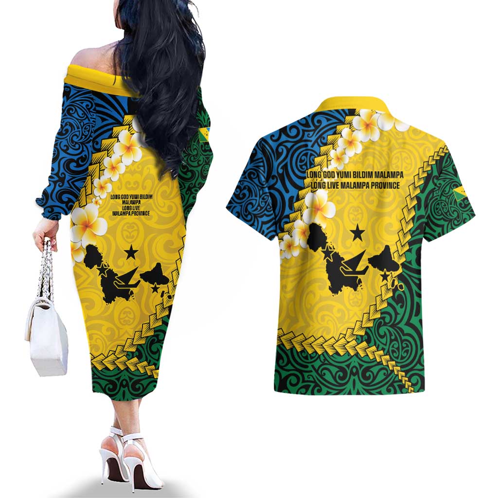 Malampa Province Couples Matching Off The Shoulder Long Sleeve Dress and Hawaiian Shirt Vanuatu Map - Plumeria Flag Color LT14 - Polynesian Pride