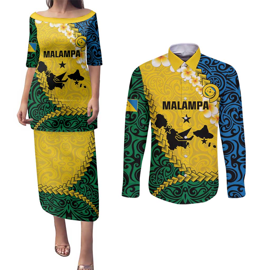 Malampa Province Couples Matching Puletasi and Long Sleeve Button Shirt Vanuatu Map - Plumeria Flag Color