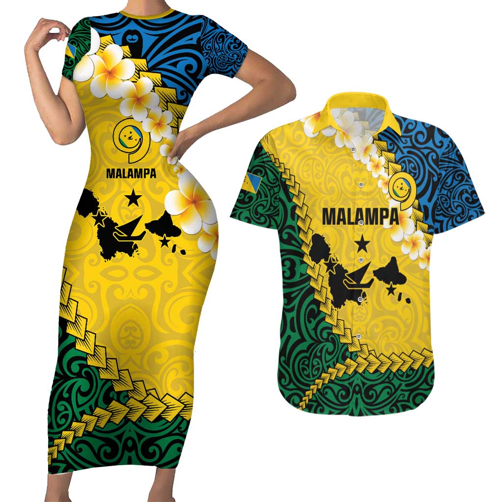 Malampa Province Couples Matching Short Sleeve Bodycon Dress and Hawaiian Shirt Vanuatu Map - Plumeria Flag Color