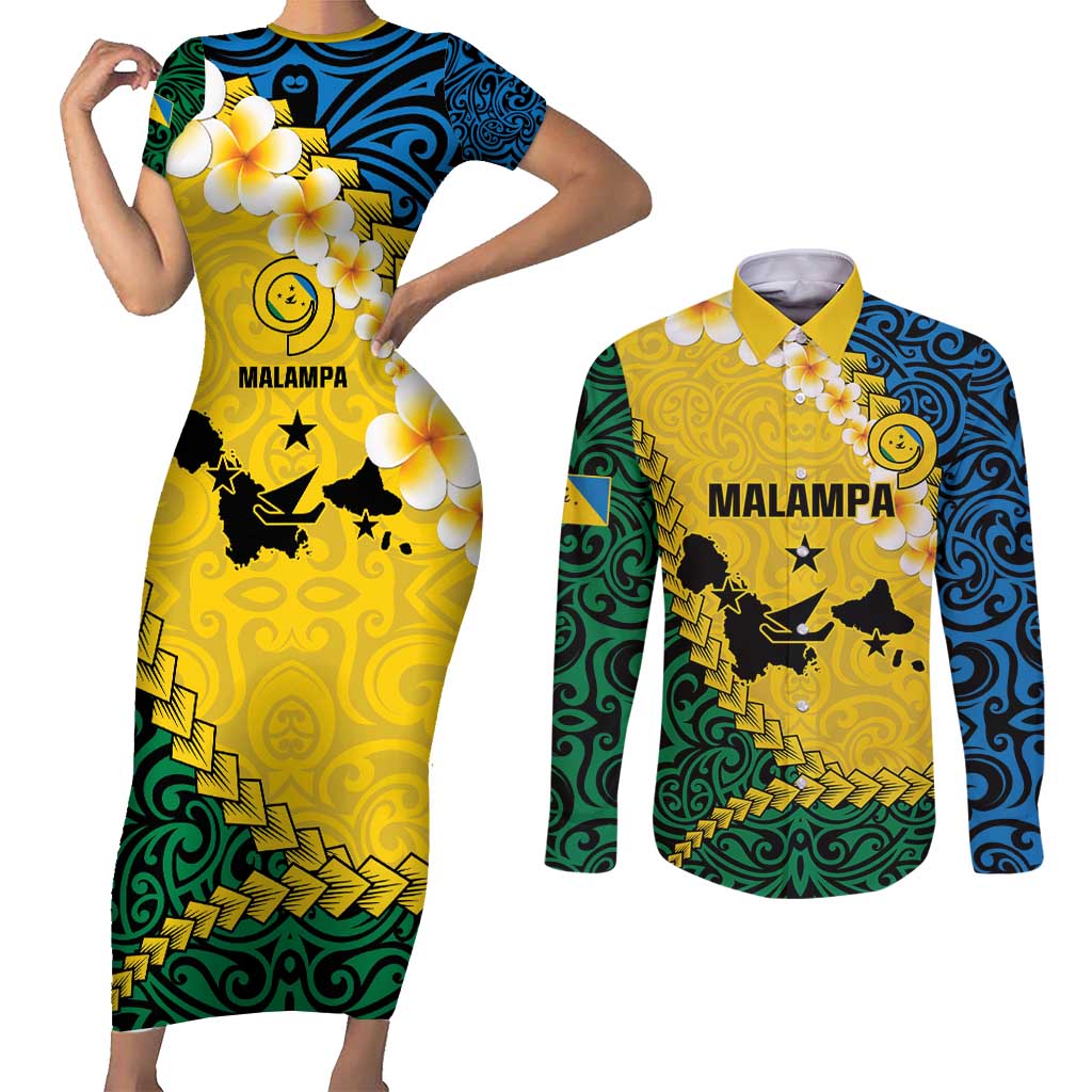 Malampa Province Couples Matching Short Sleeve Bodycon Dress and Long Sleeve Button Shirt Vanuatu Map - Plumeria Flag Color LT14 Yellow - Polynesian Pride