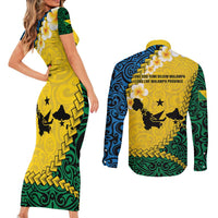 Malampa Province Couples Matching Short Sleeve Bodycon Dress and Long Sleeve Button Shirt Vanuatu Map - Plumeria Flag Color LT14 - Polynesian Pride