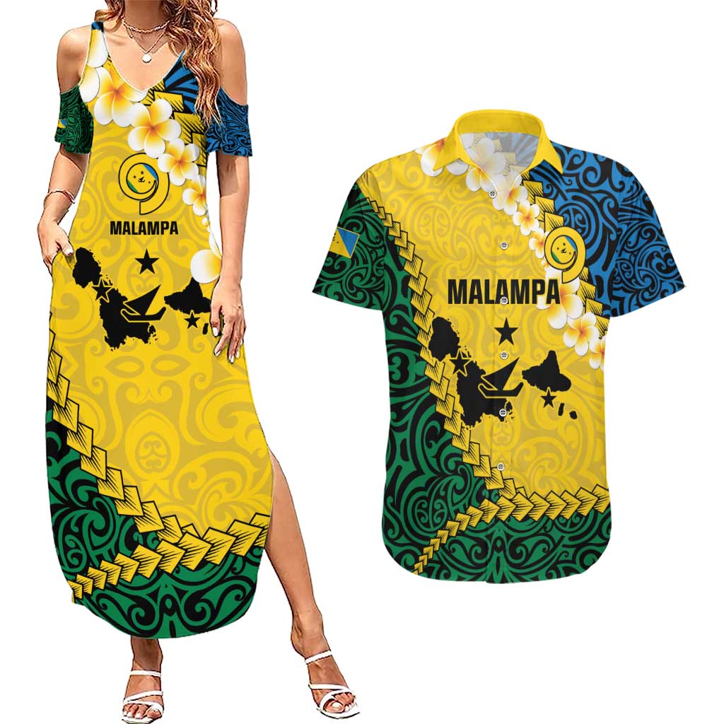 Malampa Province Couples Matching Summer Maxi Dress and Hawaiian Shirt Vanuatu Map - Plumeria Flag Color LT14 Yellow - Polynesian Pride