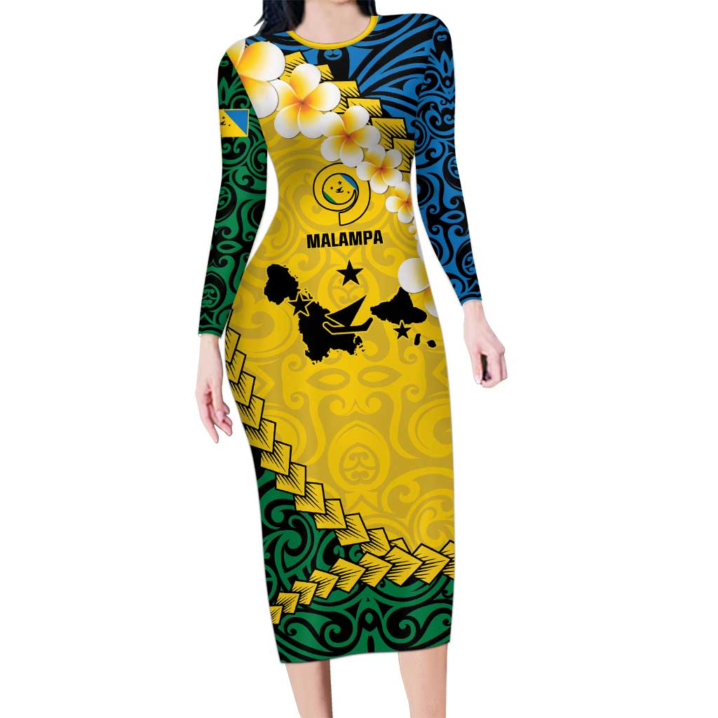 Malampa Province Family Matching Long Sleeve Bodycon Dress and Hawaiian Shirt Vanuatu Map - Plumeria Flag Color LT14 Mom's Dress Yellow - Polynesian Pride