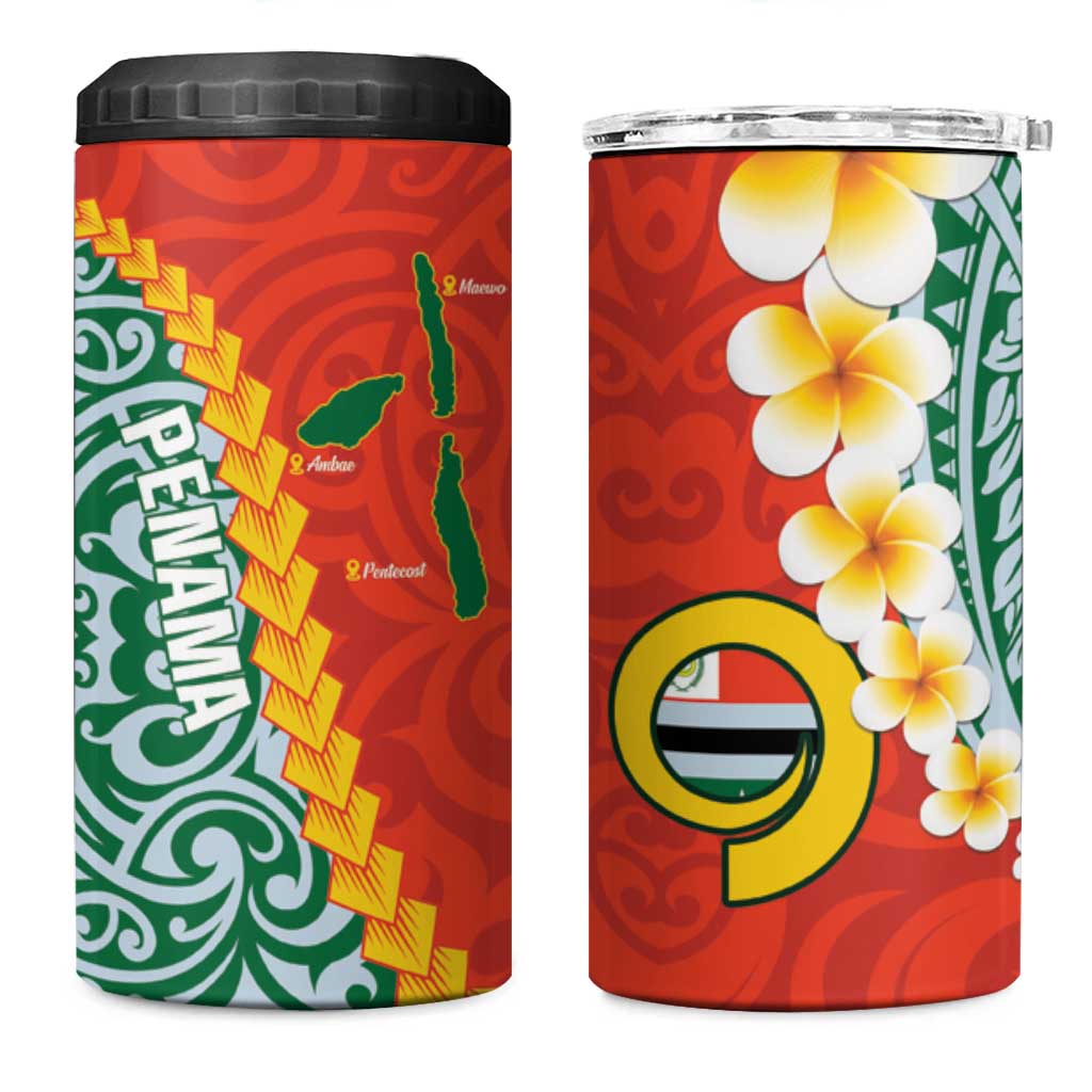 Penama Province 4 in 1 Can Cooler Tumbler Vanuatu Pattern Map With Plumeria Flag Color