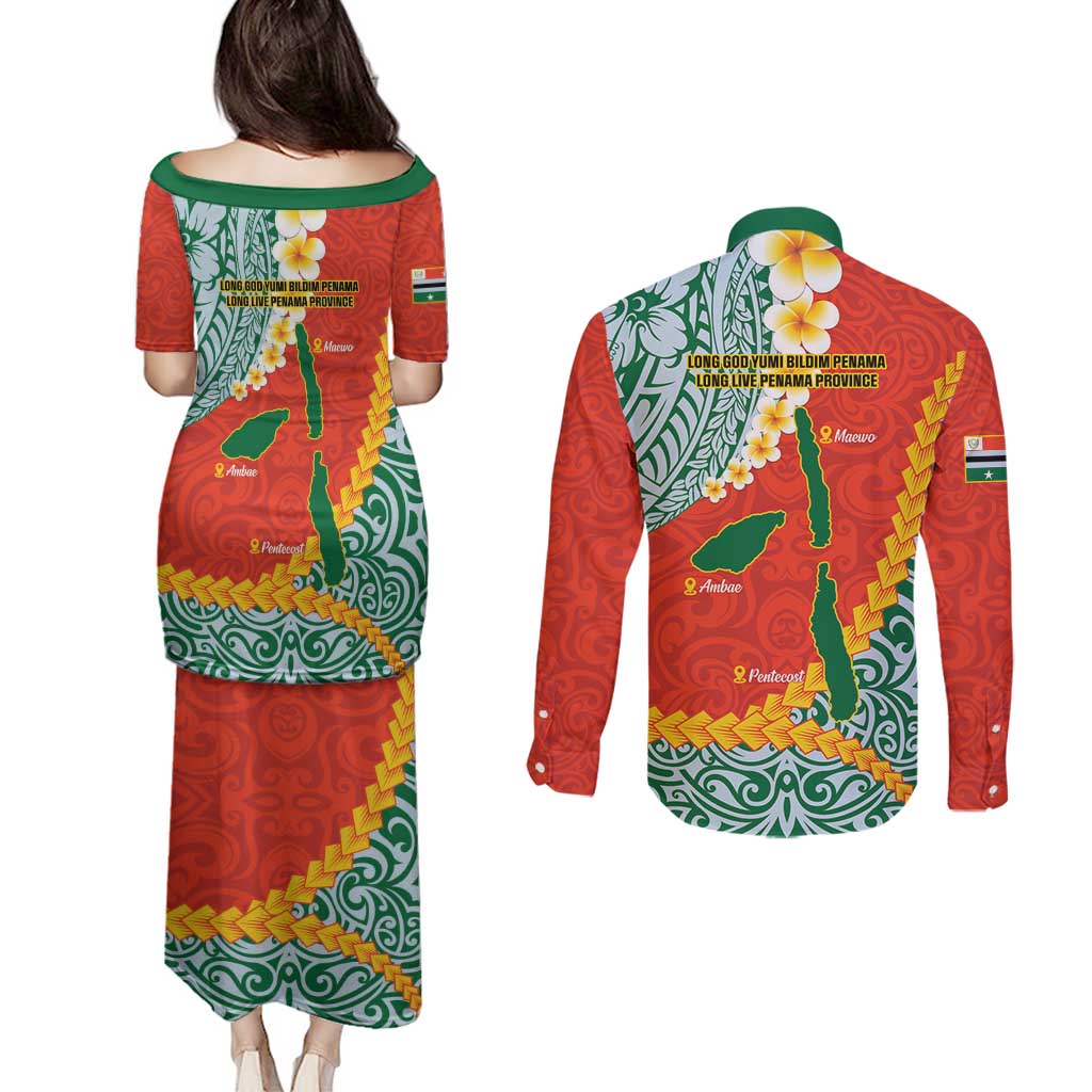 Penama Province Couples Matching Puletasi and Long Sleeve Button Shirt Vanuatu Map - Plumeria Flag Color