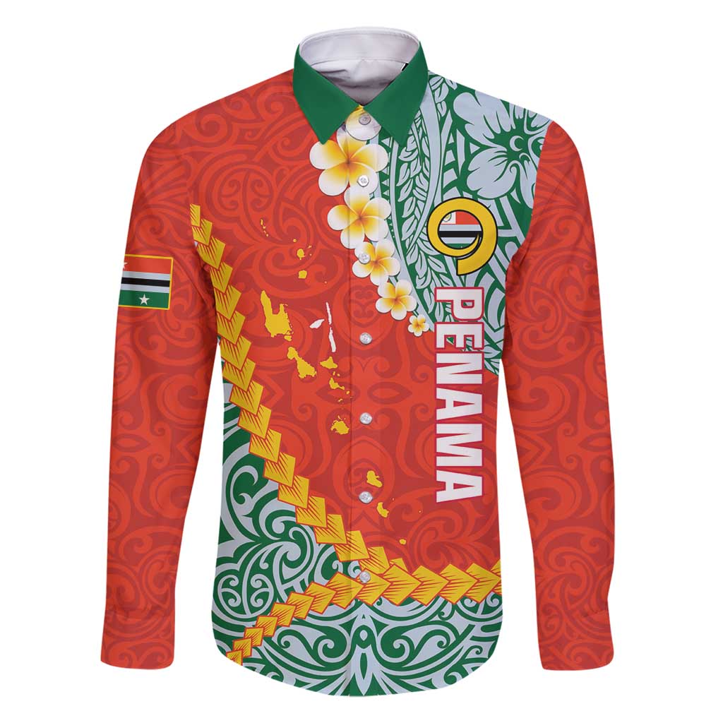 Penama Province Family Matching Long Sleeve Bodycon Dress and Hawaiian Shirt Vanuatu Map - Plumeria Flag Color LT14 Dad's Shirt - Long Sleeve Red - Polynesian Pride