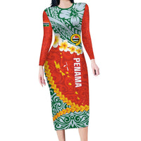 Penama Province Family Matching Long Sleeve Bodycon Dress and Hawaiian Shirt Vanuatu Map - Plumeria Flag Color LT14 Mom's Dress Red - Polynesian Pride