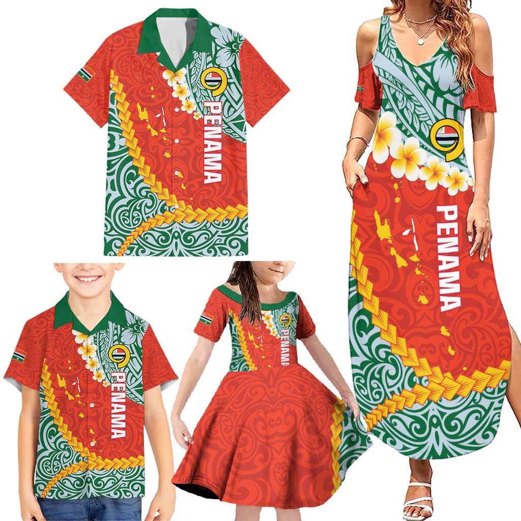 Penama Province Family Matching Summer Maxi Dress and Hawaiian Shirt Vanuatu Map - Plumeria Flag Color