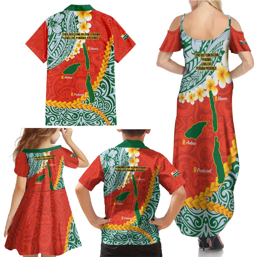Penama Province Family Matching Summer Maxi Dress and Hawaiian Shirt Vanuatu Map - Plumeria Flag Color