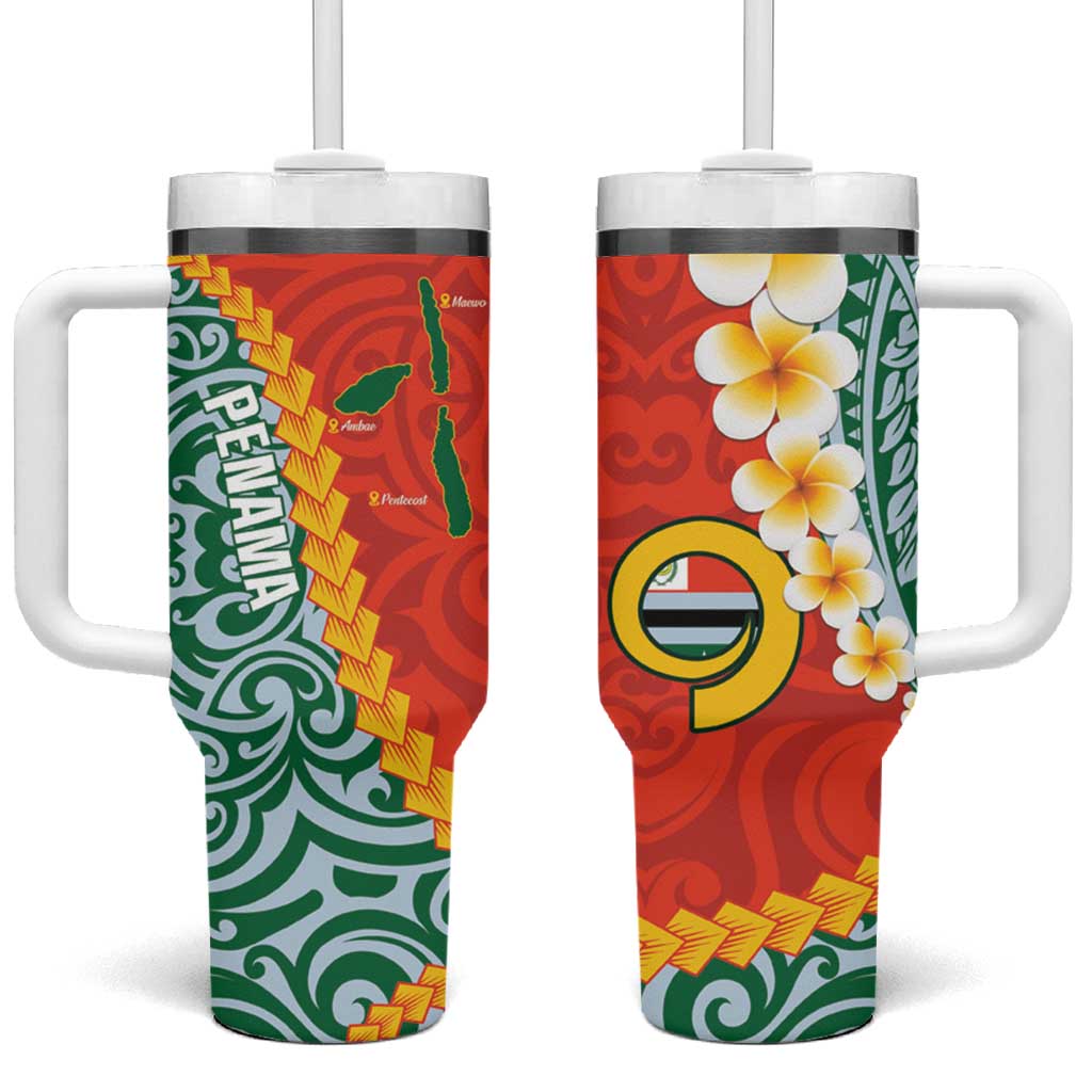 Penama Province Tumbler With Handle Vanuatu Pattern Map With Plumeria Flag Color