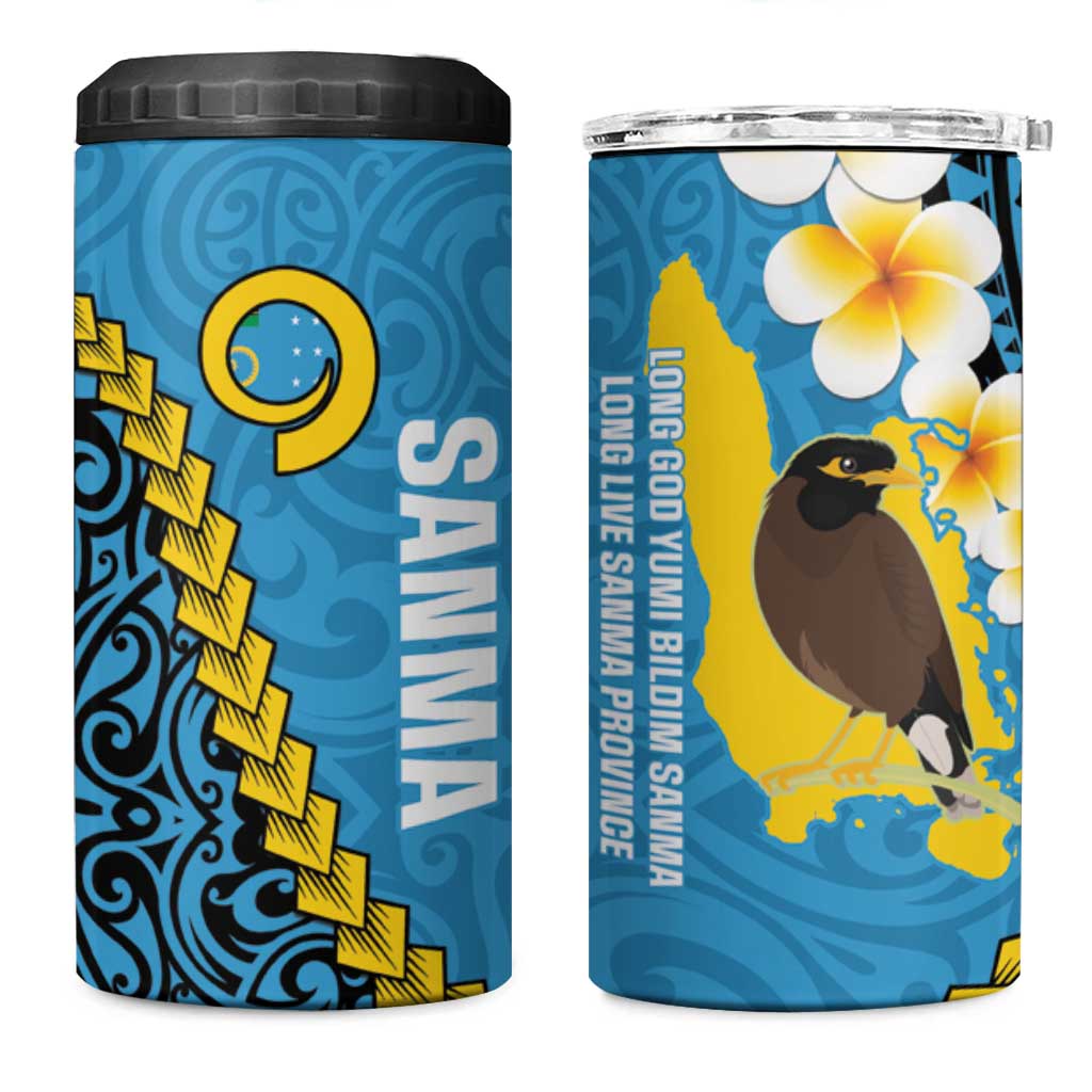 Sanma Province 4 in 1 Can Cooler Tumbler Vanuatu Pattern Myna Bird With Plumeria Flag Color