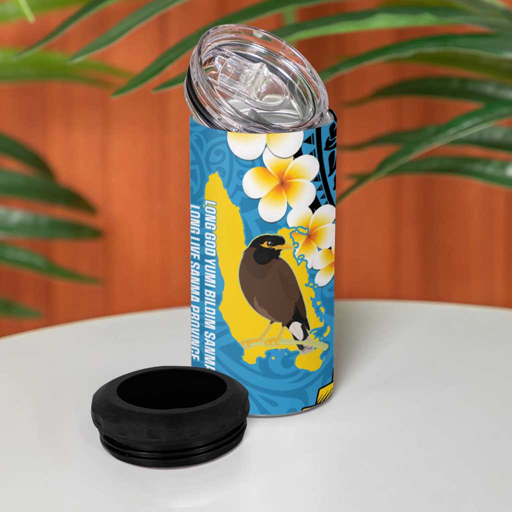 Sanma Province 4 in 1 Can Cooler Tumbler Vanuatu Pattern Myna Bird With Plumeria Flag Color