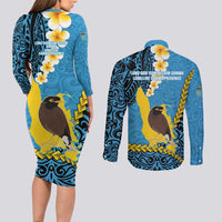 Sanma Province Couples Matching Long Sleeve Bodycon Dress and Long Sleeve Button Shirt Vanuatu Pattern Myna Bird - Plumeria Flag Color LT14 - Polynesian Pride