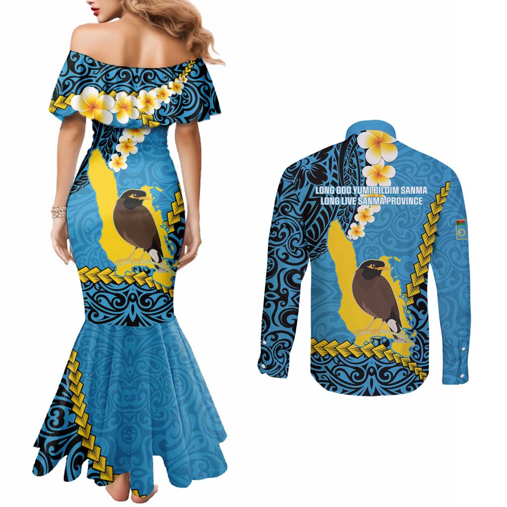 Sanma Province Couples Matching Mermaid Dress and Long Sleeve Button Shirt Vanuatu Pattern Myna Bird - Plumeria Flag Color LT14 - Polynesian Pride