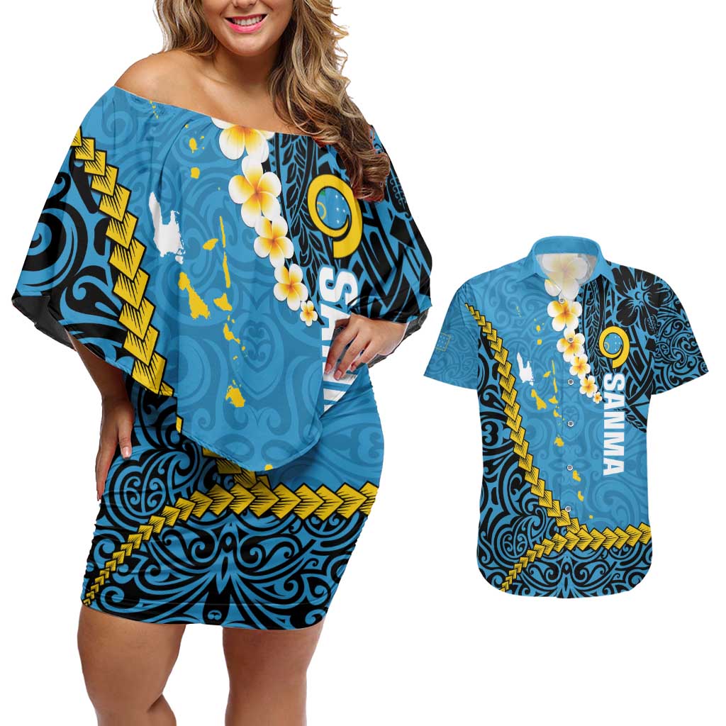 Sanma Province Couples Matching Off Shoulder Short Dress and Hawaiian Shirt Vanuatu Pattern Myna Bird - Plumeria Flag Color LT14 Blue - Polynesian Pride