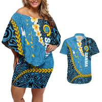 Sanma Province Couples Matching Off Shoulder Short Dress and Hawaiian Shirt Vanuatu Pattern Myna Bird - Plumeria Flag Color LT14 Blue - Polynesian Pride