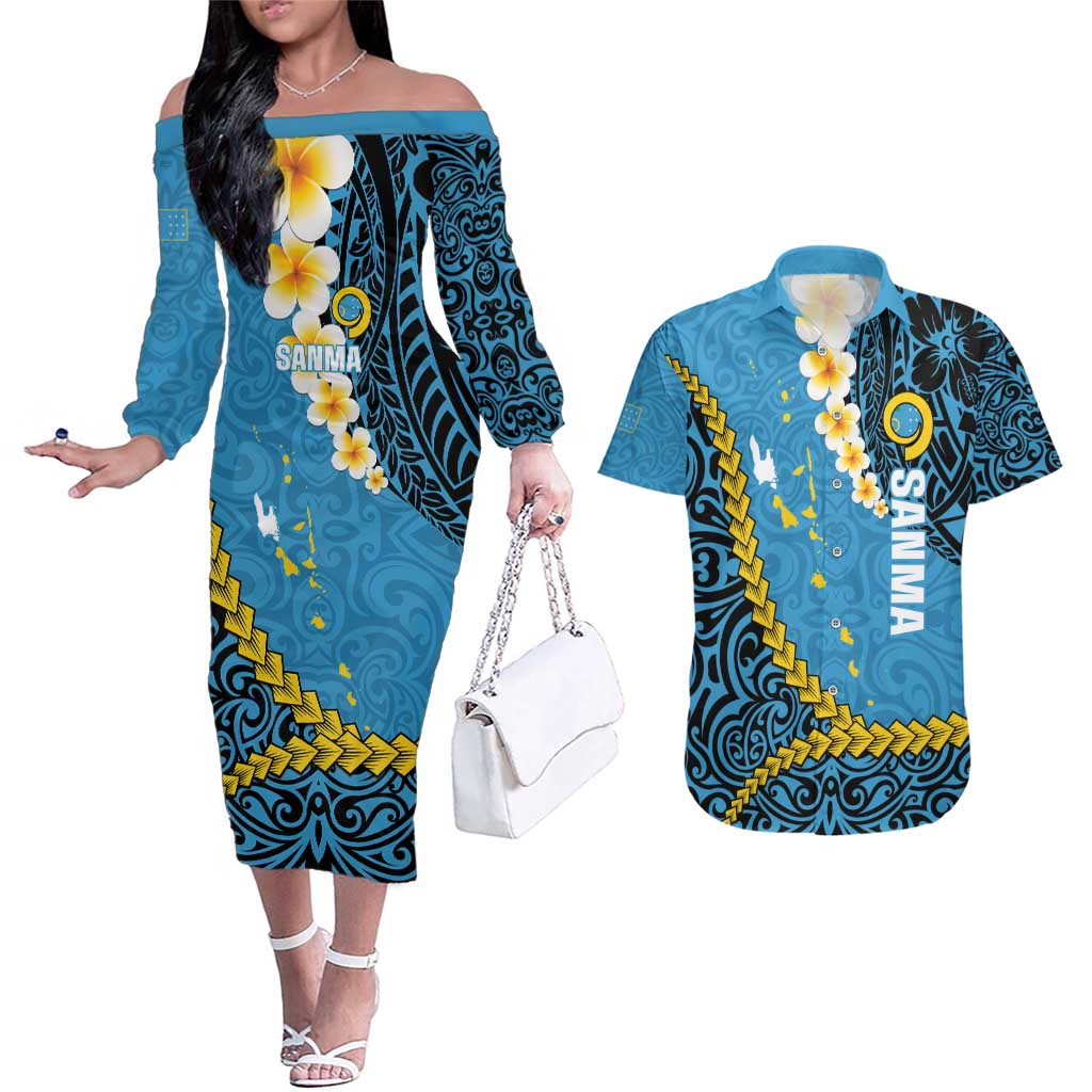 Sanma Province Couples Matching Off The Shoulder Long Sleeve Dress and Hawaiian Shirt Vanuatu Pattern Myna Bird - Plumeria Flag Color