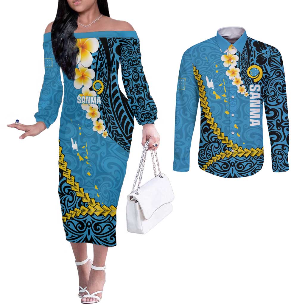 Sanma Province Couples Matching Off The Shoulder Long Sleeve Dress and Long Sleeve Button Shirt Vanuatu Pattern Myna Bird - Plumeria Flag Color LT14 Blue - Polynesian Pride