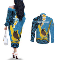 Sanma Province Couples Matching Off The Shoulder Long Sleeve Dress and Long Sleeve Button Shirt Vanuatu Pattern Myna Bird - Plumeria Flag Color LT14 - Polynesian Pride