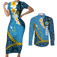 Sanma Province Couples Matching Short Sleeve Bodycon Dress and Long Sleeve Button Shirt Vanuatu Pattern Myna Bird - Plumeria Flag Color LT14 Blue - Polynesian Pride