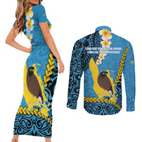 Sanma Province Couples Matching Short Sleeve Bodycon Dress and Long Sleeve Button Shirt Vanuatu Pattern Myna Bird - Plumeria Flag Color LT14 - Polynesian Pride