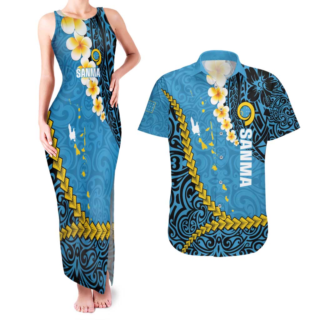 Sanma Province Couples Matching Tank Maxi Dress and Hawaiian Shirt Vanuatu Pattern Myna Bird - Plumeria Flag Color LT14 Blue - Polynesian Pride