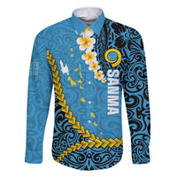Sanma Province Family Matching Long Sleeve Bodycon Dress and Hawaiian Shirt Vanuatu Pattern Myna Bird - Plumeria Flag Color LT14 Dad's Shirt - Long Sleeve Blue - Polynesian Pride