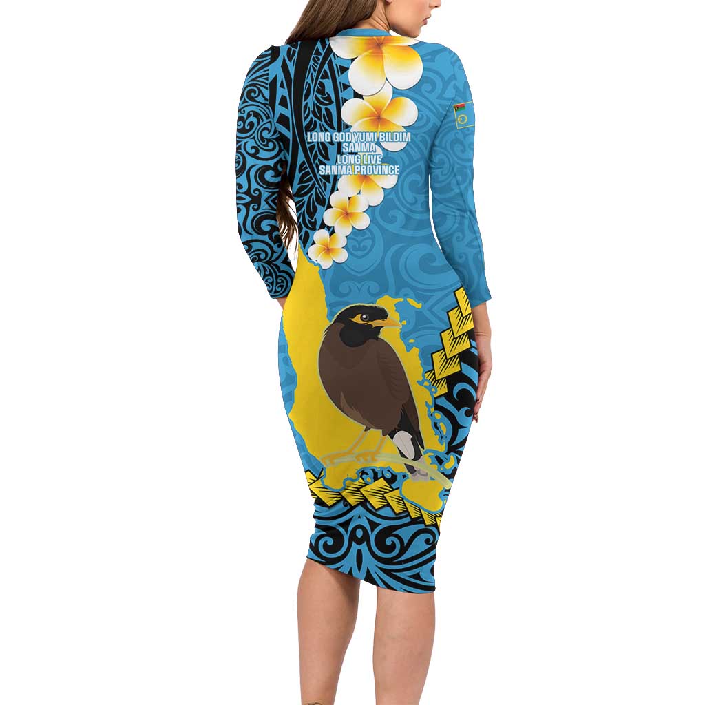 Sanma Province Family Matching Long Sleeve Bodycon Dress and Hawaiian Shirt Vanuatu Pattern Myna Bird - Plumeria Flag Color LT14 - Polynesian Pride