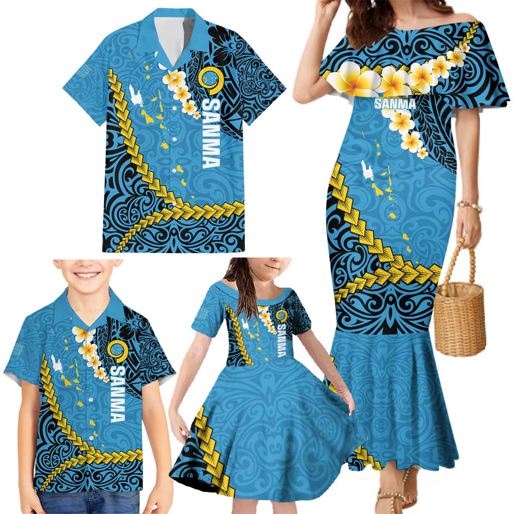 Sanma Province Family Matching Mermaid Dress and Hawaiian Shirt Vanuatu Pattern Myna Bird - Plumeria Flag Color LT14 - Polynesian Pride