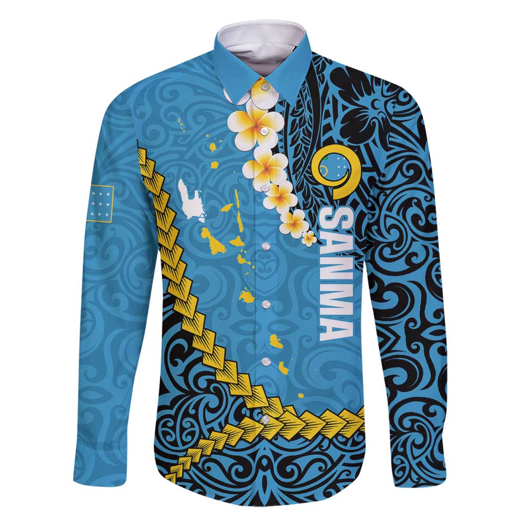 Sanma Province Family Matching Mermaid Dress and Hawaiian Shirt Vanuatu Pattern Myna Bird - Plumeria Flag Color LT14 Dad's Shirt - Long Sleeve Blue - Polynesian Pride