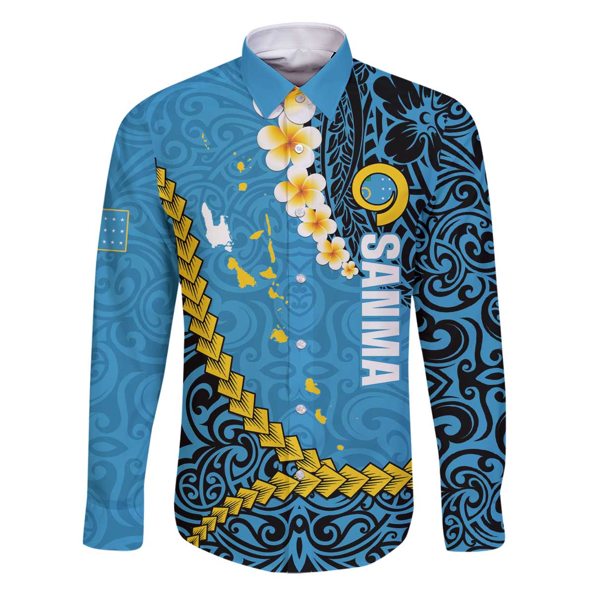 Sanma Province Family Matching Off The Shoulder Long Sleeve Dress and Hawaiian Shirt Vanuatu Pattern Myna Bird - Plumeria Flag Color